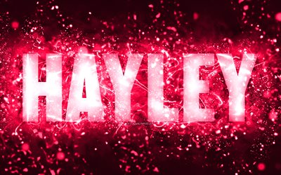 Download wallpapers Happy Birthday Hayley, 4k, pink neon lights, Hayley ...