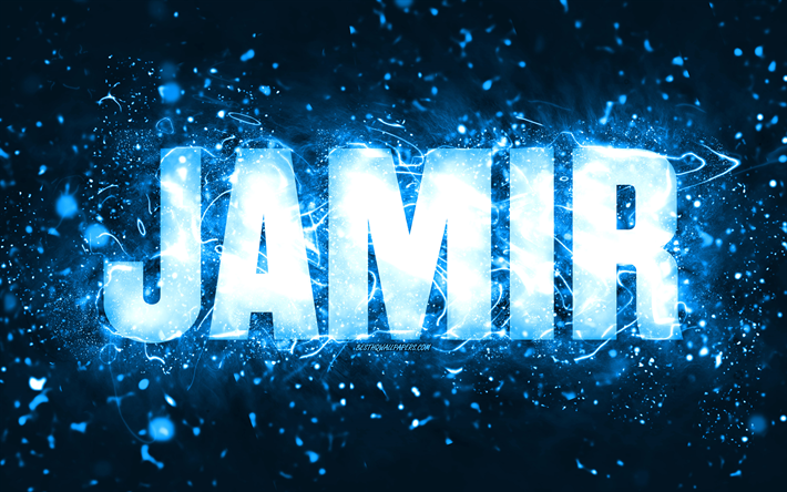 buon compleanno jamir, 4k, luci al neon blu, nome jamir, creativo, compleanno jamir, nomi maschili americani popolari, foto con nome jamir, jamir