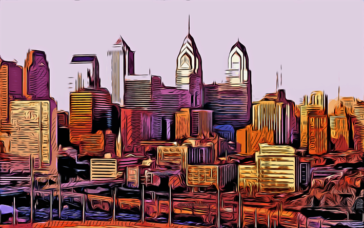 فيلادلفيا, 4k, ناقلات الفن, رسم فيلادلفيا, فن إبداعي, فن فيلادلفيا, الرسم المتجه, مدينة فيلادلفيا, بنسلفانيا, الولايات المتحدة الأمريكية