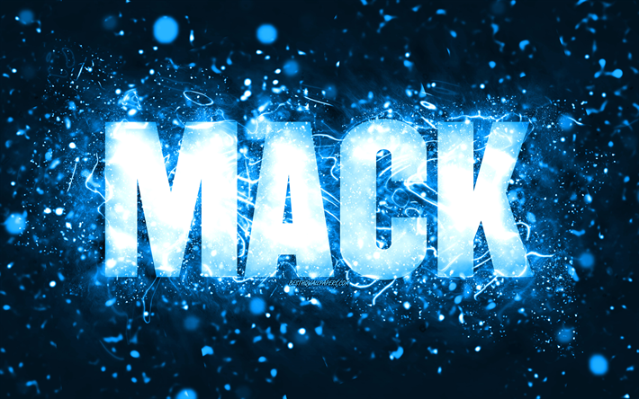 buon compleanno mack, 4k, luci al neon blu, nome mack, creativo, compleanno mack, nomi maschili americani popolari, foto con nome mack, mack