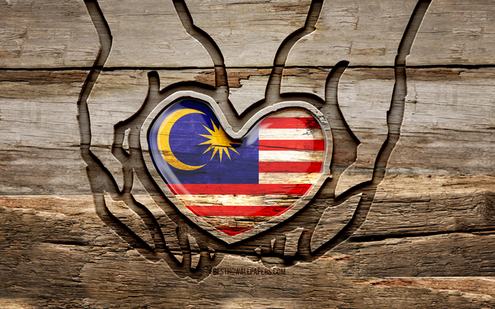 amo la malesia, 4k, mani intagliate in legno, giorno della malesia, bandiera della malesia, prenditi cura della malesia, creativo, bandiera della malesia in mano, intaglio del legno, paesi asiatici, malesia