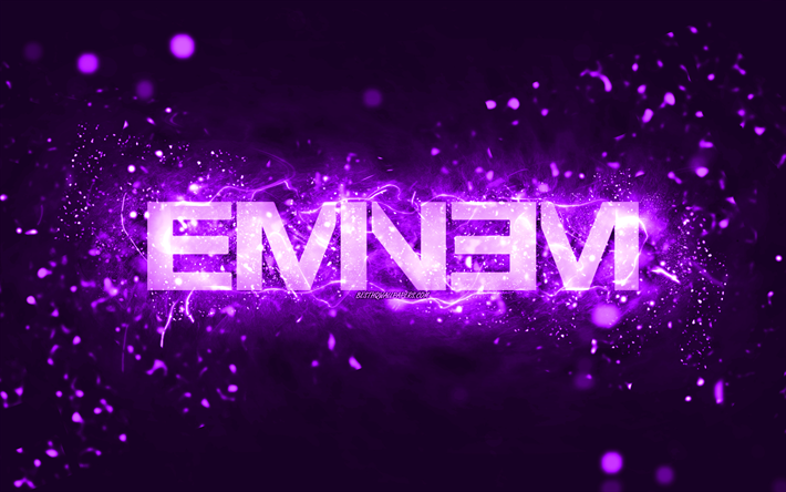 eminem violetti logo, 4k, amerikkalainen r&#228;pp&#228;ri, violetit neon valot, luova, violetti abstrakti tausta, marshall bruce mathers iii, eminem logo, musiikkit&#228;hdet, eminem