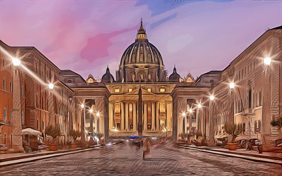 la basilique saint-pierre, rome, la cit&#233; du vatican, 4k, vecteur de l art, la basilique saint-pierre de dessin, l art cr&#233;atif, l art de la basilique saint-pierre, le dessin vectoriel, le paysage urbain de rome, l italie