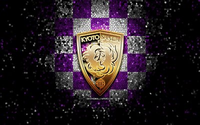 kyoto sanga fc, logo scintillant, ligue j2, fond violet &#224; carreaux blancs, football, club de football japonais, logo kyoto sanga, art de la mosa&#239;que, kyoto sanga