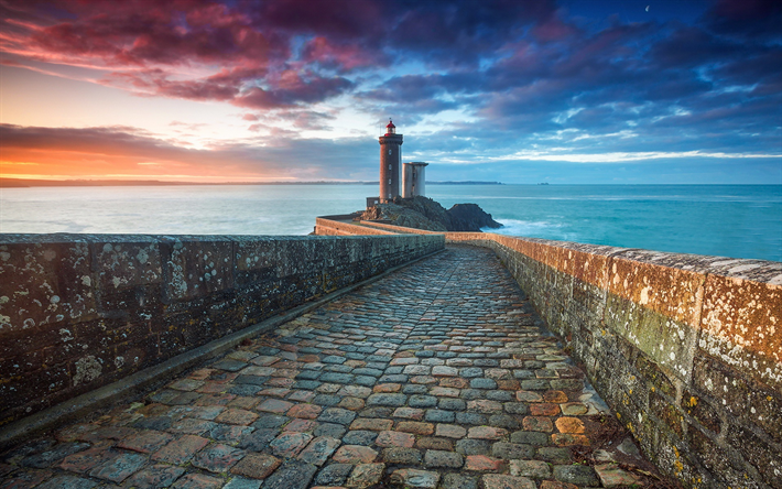 lighthouse, evening, sunset, seascape, lighthouse on the coast, sea, Great Britain