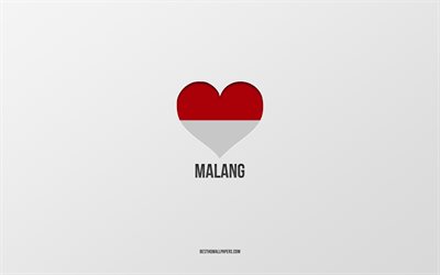 i love malang, citt&#224; indonesiane, day of malang, sfondo grigio, malang, indonesia, cuore bandiera indonesiana, citt&#224; preferite, love malang