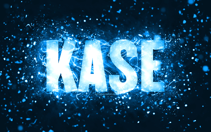 Happy Birthday Kase, 4k, blue neon lights, Kase name, creative, Kase Happy Birthday, Kase Birthday, popular american male names, picture with Kase name, Kase