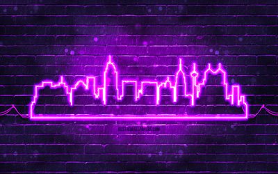 San Antonio violet neon silhouette, 4k, violet neon lights, San Antonio skyline silhouette, violet brickwall, american cities, neon skyline silhouettes, USA, San Antonio silhouette, San Antonio