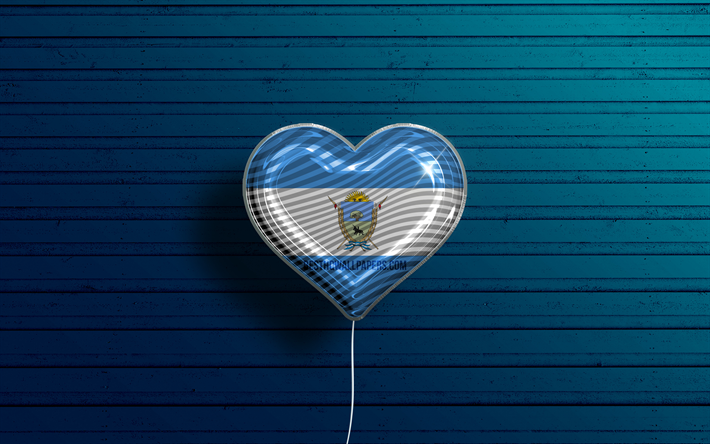 I Love La Pampa, 4k, realistic balloons, blue wooden background, Day of La Pampa, Argentine provinces, flag of La Pampa, Argentina, balloon with flag, Provinces of Argentina, La Pampa flag, La Pampa