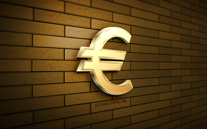 euro sinal dourado, 4k, parede de tijolos amarelos, criativo, moeda, euro 3d sinal, euro sinal, arte 3d, euro