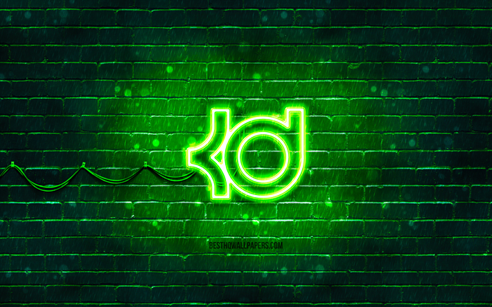 logo verde kevin durant, 4k, muro di mattoni verde, logo kevin durant, stelle del basket, logo neon kevin durant, kevin durant