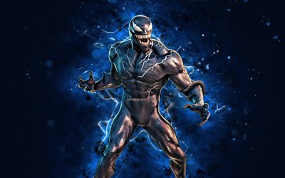 Venom Eddie Brock, 4k, blue neon lights, Fortnite Battle Royale, Fortnite characters, Venom Eddie Brock Skin, Fortnite, Venom Eddie Brock Fortnite