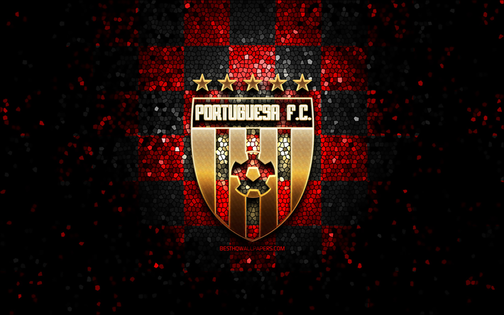 Portuguesa FC, glitter logo, La Liga FutVe, red black checkered background, soccer, Venezuelan football club, Portuguesa FC logo, mosaic art, football, Venezuelan Primera Division, FC Portuguesa