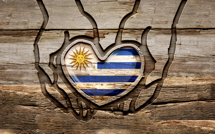 me encanta uruguay, 4k, manos talladas en madera, d&#237;a de uruguay, bandera uruguaya, bandera de uruguay, cuida uruguay, creativo, bandera de uruguay en la mano, talla de madera, pa&#237;ses sudamericanos, uruguay
