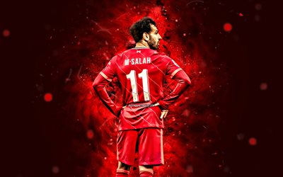 4k, Mohamed Salah, 2022, Liverpool FC, back view, red neon lights, egyptian footballers, Premier League, football, Mohamed Salah 4K, soccer, Mo Salah, Mohamed Salah Liverpool