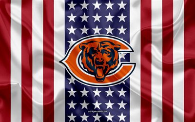chicago bears, 4k, logo, emblem, seide textur, american flag, american football club, nfl, chicago, illinois, usa, der national football league, american football, seide flagge