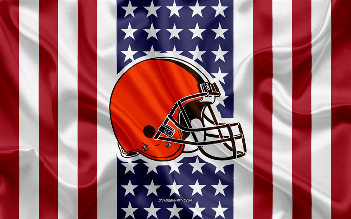 كليفلاند براونز, 4k, شعار, نسيج الحرير, العلم الأمريكي, الأمريكي لكرة القدم, اتحاد كرة القدم الأميركي, كليفلاند, أوهايو, الولايات المتحدة الأمريكية, الرابطة الوطنية لكرة القدم, كرة القدم الأمريكية, الحرير العلم