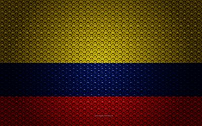 العلم كولومبيا, 4k, الفنون الإبداعية, شبكة معدنية الملمس, الكولومبي العلم, الرمز الوطني, كولومبيا, أمريكا الجنوبية, أعلام بلدان أمريكا الجنوبية