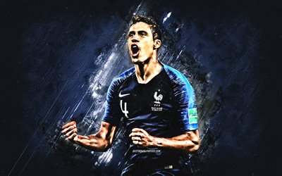 Raphael Varane, blue stone, France National Team, joy, soccer, goal, french footballers, Varane, grunge, FFF, French football team
