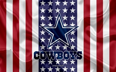 Dallas Cowboys, 4k, logo, emblem, silk texture, American flag, American football club, NFL, Arlington, Texas, USA, National Football League, american football, silk flag