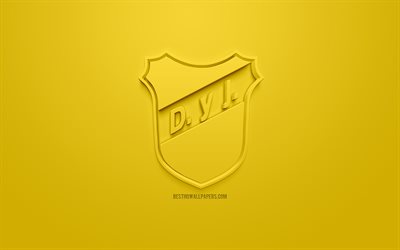 Defensa y Justicia, creative 3D logo, yellow background, 3d emblem, Argentinean football club, Superliga Argentina, Florencio-Varela, Argentina, 3d art, Primera Division, football, First Division, stylish 3d logo