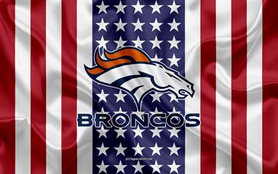 Denver Broncos, 4k, logotyp, emblem, siden konsistens, Amerikanska flaggan, Amerikansk football club, NFL, Denver, Colorado, USA, National Football League, amerikansk fotboll, silk flag