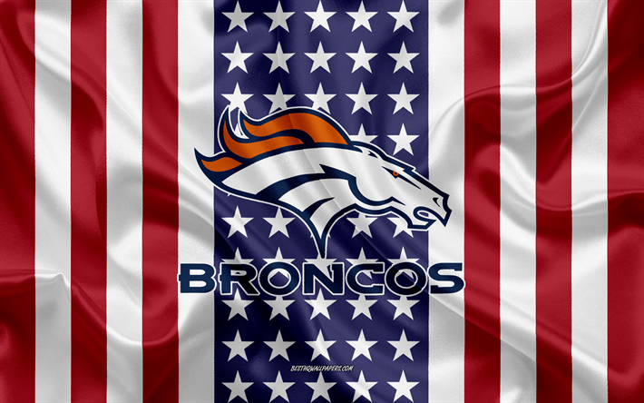 Denver Broncos, 4k, logo, emblem, silk texture, American flag, American football club, NFL, Denver, Colorado, USA, National Football League, american football, silk flag