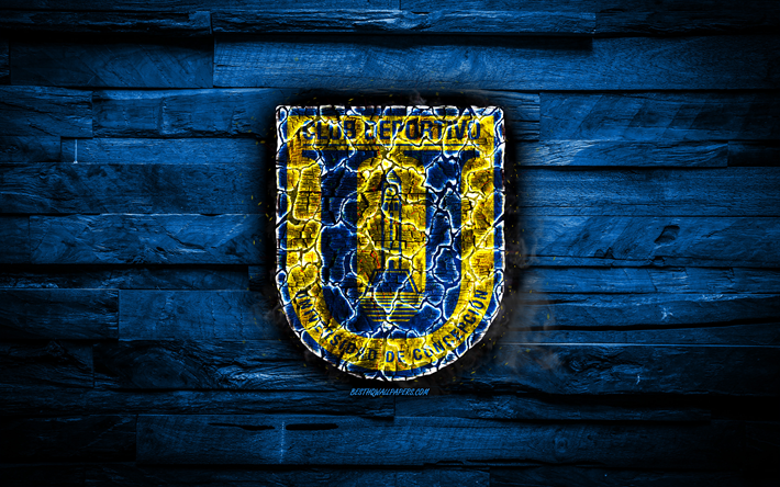 Universidad de Concepcion FC, masterizzazione logo del cile Primera Division, blu sfondo di legno, cileni football club, CD Universidad de Concepcion, grunge, calcio, Universidad de Concepcion logo, Concepcion, Cile