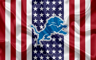 Detroit Lions, 4k, logotyp, emblem, siden konsistens, Amerikanska flaggan, Amerikansk football club, NFL, Detroit, Michigan, USA, National Football League, amerikansk fotboll, silk flag
