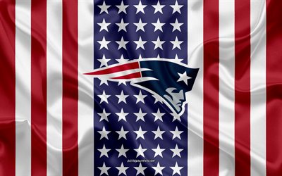 New England Patriots, 4k, logo, emblem, silk texture, American flag, American football club, NFL, Boston, Massachusetts, USA, National Football League, american football, silk flag