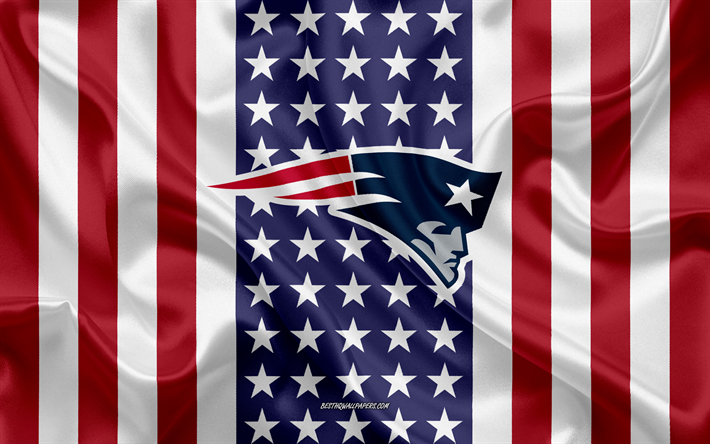 New England Patriots, 4k, logo, emblema, textura de seda, Bandeira americana, Americano futebol clube, NFL, Boston, Massachusetts, EUA, A Liga Nacional De Futebol, futebol americano, seda bandeira