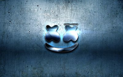 Marshmello blue logo, fan art, blue metal background, american DJ, Christopher Comstock, Marshmello logo, Marshmello, DJ Marshmello, DJs