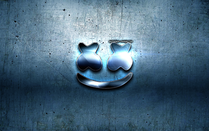 Marshmello sininen logo, fan art, sininen metalli tausta, amerikkalainen DJ, Christopher Comstock, Marshmello logo, Marshmello, DJ Marshmello, Dj
