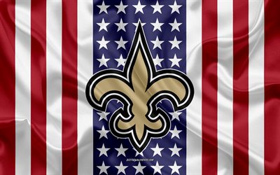 New Orleans Saints, 4k, logo, emblem, silk texture, American flag, American football club, NFL, New Orleans, Louisiana, USA, National Football League, american football, silk flag