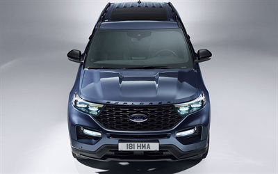 2019, Ford Explorer, Plug-In Hybrid, ST-Line, 7-Passenger SUV, exterior, new blue Explorer, front view, american cars, Ford