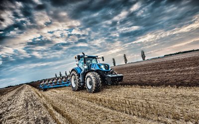 New Holland T7 315, 4k, kynt&#246; alalla, 2019 traktorit, maatalouskoneiden, sininen traktori, HDR, traktorin alalla, maatalous, sato, New Holland-Maatalous