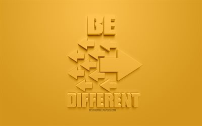 Ser diferente, criativo, arte 3d, fundo amarelo, 3d &#237;cones de setas, ser diferentes conceitos