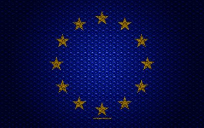Flag of European Union, 4k, creative art, metal mesh texture, EU flag, national symbol, metal flag, European Union, Europe