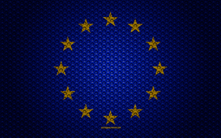 Bandera de la Uni&#243;n Europea, 4k, arte creativo, malla de metal textura, la bandera de la UE, s&#237;mbolo nacional, el metal de la bandera, Uni&#243;n Europea, Europa