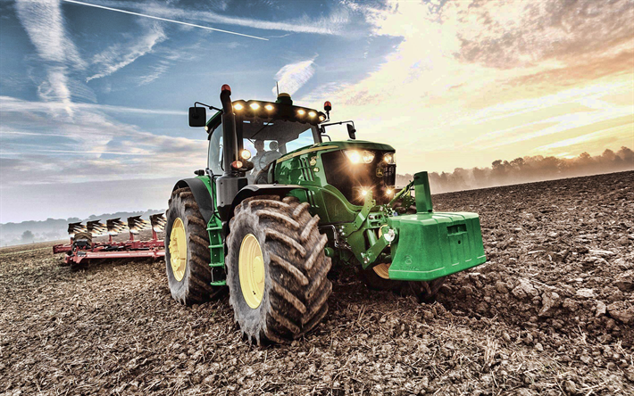 John Deere 6155R, arar el campo, 2019 tractores 6R de la Serie de Tractores, maquinaria agr&#237;cola, la cosecha, el verde tractor, HDR, campo de cultivo, la agricultura, el tractor en el campo, John Deere