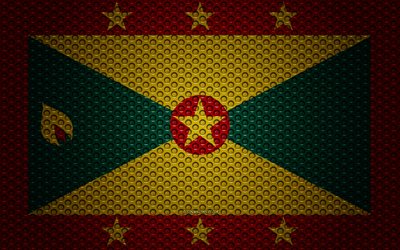 Kuzey Amerika &#252;lkeleri Grenada bayrağı, 4k, yaratıcı sanat, metal &#246;rg&#252;, Grenada bayrağı, ulusal sembol, metal bayrağı, Grenada, Kuzey Amerika bayrakları