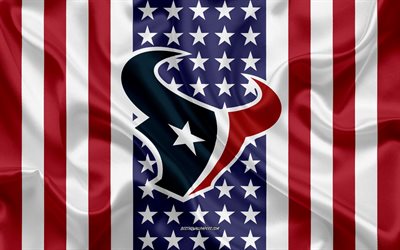Houston Texans, 4k, logo, amblem, ipek doku, Amerikan bayrağı, Amerikan Futbol Kul&#252;b&#252;, NFL, Houston, Teksas, ABD Ulusal Futbol Ligi, Amerikan Futbolu, ipek bayrak