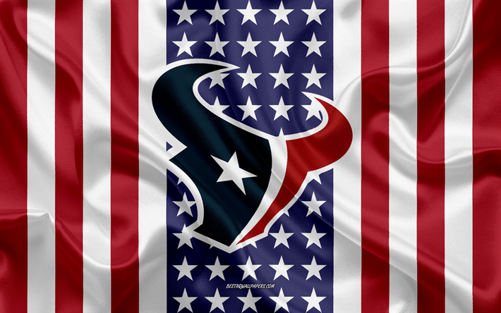 Houston Texans, 4k, logo, emblem, silk texture, American flag, American football club, NFL, Houston, Texas, USA, National Football League, american football, silk flag