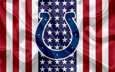 Indianapolis Colts, 4k, logo, emblem, silk texture, American flag, American football club, NFL, Indianapolis, Indiana, USA, National Football League, american football, silk flag