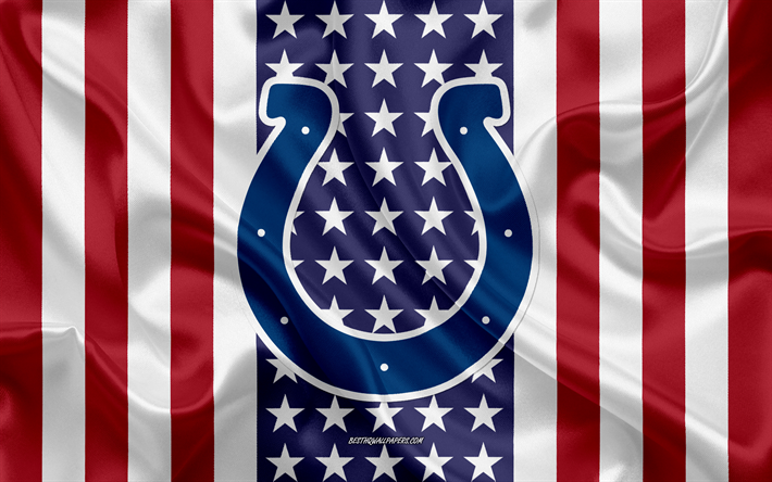 Indianapolis Colts, 4k, logo, tunnus, silkki tekstuuri, Amerikan lippu, American football club, NFL, Indianapolis, Indiana, USA, National Football League, amerikkalainen jalkapallo, silkki lippu