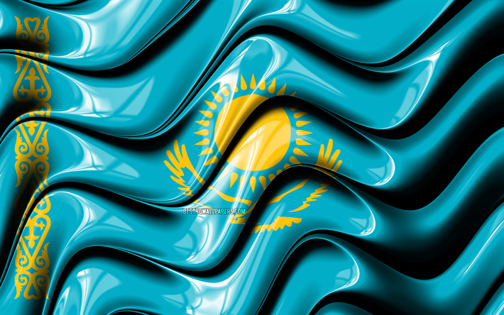 Kazakstanin lippu, 4k, Euroopassa, kansalliset symbolit, Lipun Kazakstan, 3D art, Kazakstan, Euroopan maissa, Kazakstan 3D flag