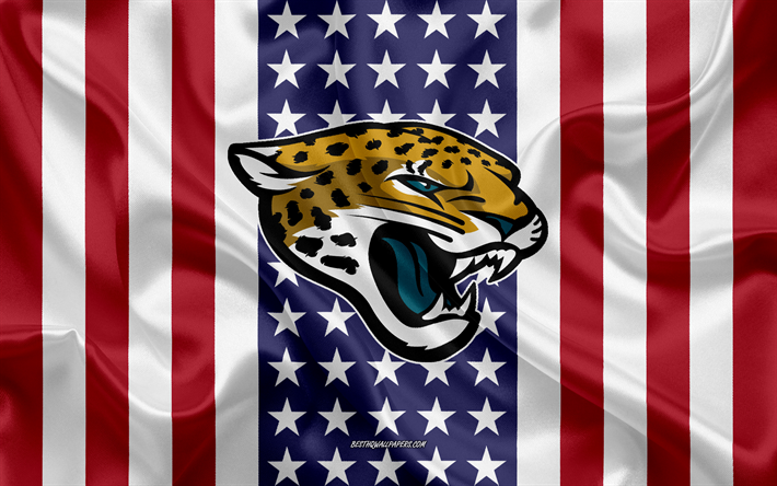 Jacksonville Jaguars, 4k, logo, emblem, silk texture, American flag, American football club, NFL, Jacksonville, Florida, USA, National Football League, american football, silk flag