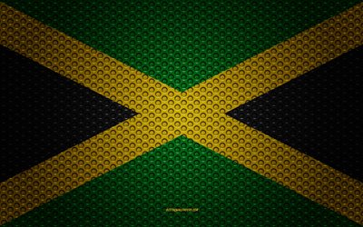 Flag of Jamaica, 4k, creative art, metal mesh texture, Jamaica flag, national symbol, metal flag, Jamaica, North America, flags of North America countries