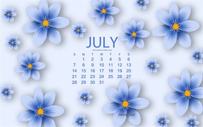 2019 Julho De Calend&#225;rio, flores azuis, azul floral de fundo, 2019 calend&#225;rios, arte criativa, calend&#225;rio de julho 2019, conceitos