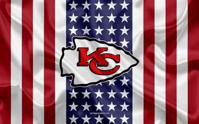 Kansas City Chiefs, 4k, logo, stemma, seta, trama, bandiera Americana, club di football Americano, NFL, Kansas City, Missouri, stati UNITI, Lega Nazionale di Football americano, football americano, bandiera di seta